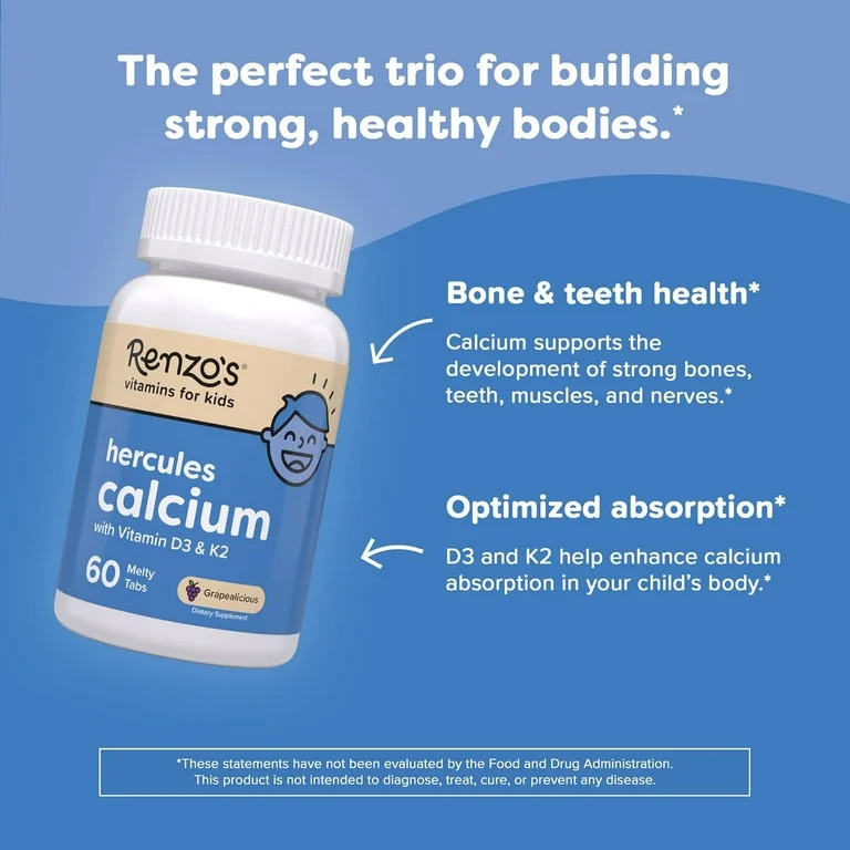 Renzo’s Hercules Calcium with Vitamin D3 & K2 for Kids, Sugar-Free, Vegan Melty Tabs, Bone Heal... | Walmart (US)