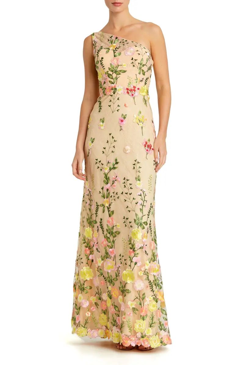 Floral Embroidery One-Shoulder Gown | Nordstrom