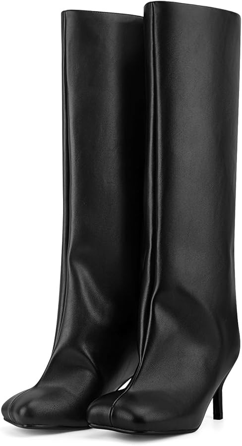 Women's Knee High Suede Boots for Women Wide Calf Square Toe Stiletto Heels Tall Boots Pull On Hi... | Amazon (US)