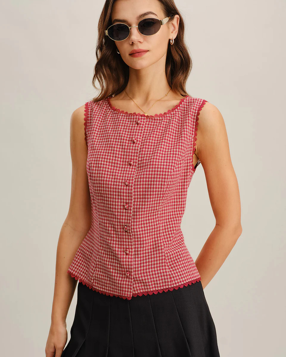 Red Gingham Boat Neck Sleeveless Tank Top | rihoas.com