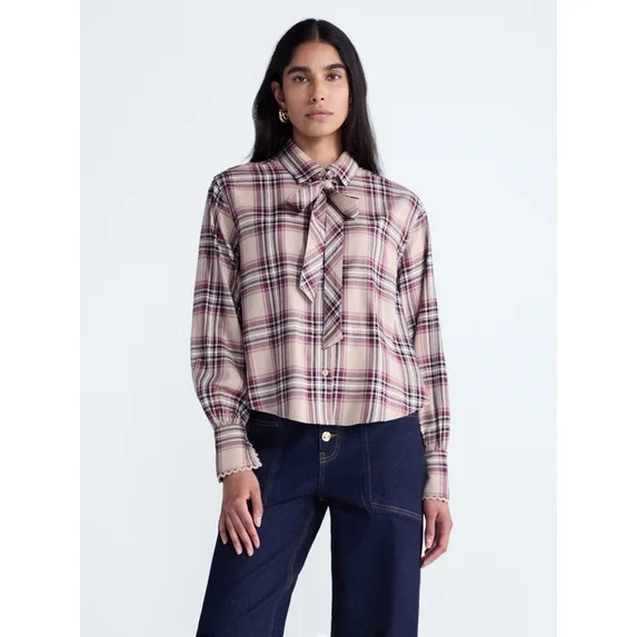 Scoop Women's and Women's Plus Plaid Bow Shirt, Sizes XS-4X | Walmart (US)