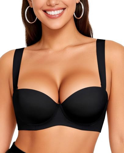 Upushall Push Up Padded Bra Add 1 Cup Balconette Underwire Support Back Smoothing T-Shirt Bras for Women Black 36C | Amazon (US)