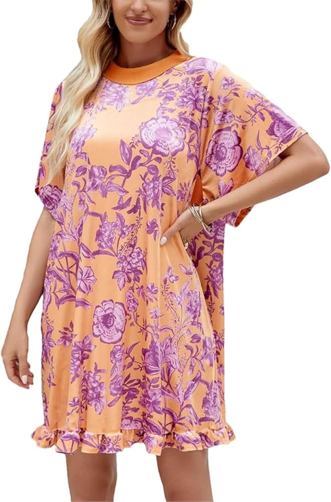 Women's Summer Vintage Velvet Dress Floral Printed Mini Flowy Dress Round Neck Short Sleeve Dress | Amazon (US)
