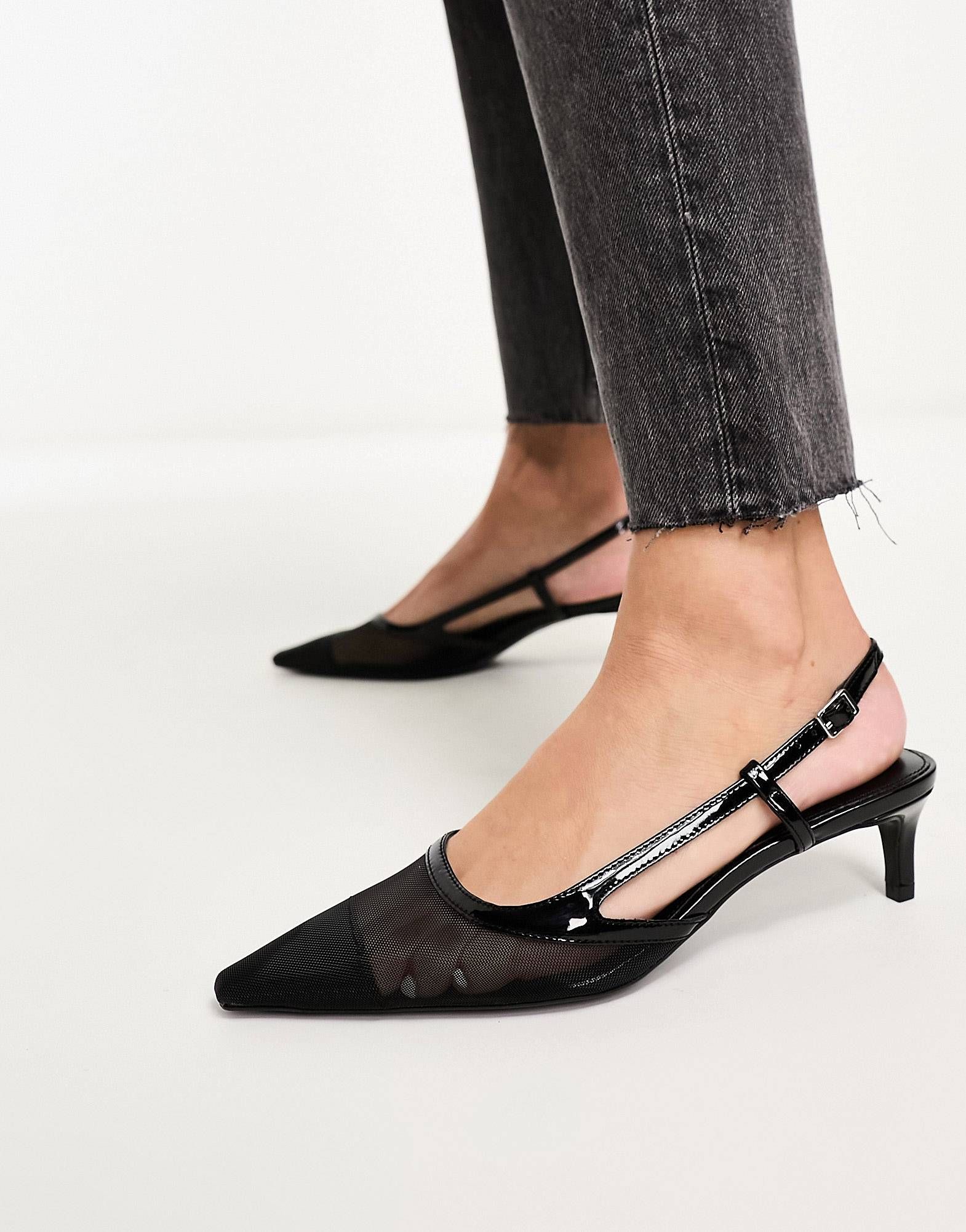 Mango mesh pointed toe strappy kitten heel in black | ASOS (Global)