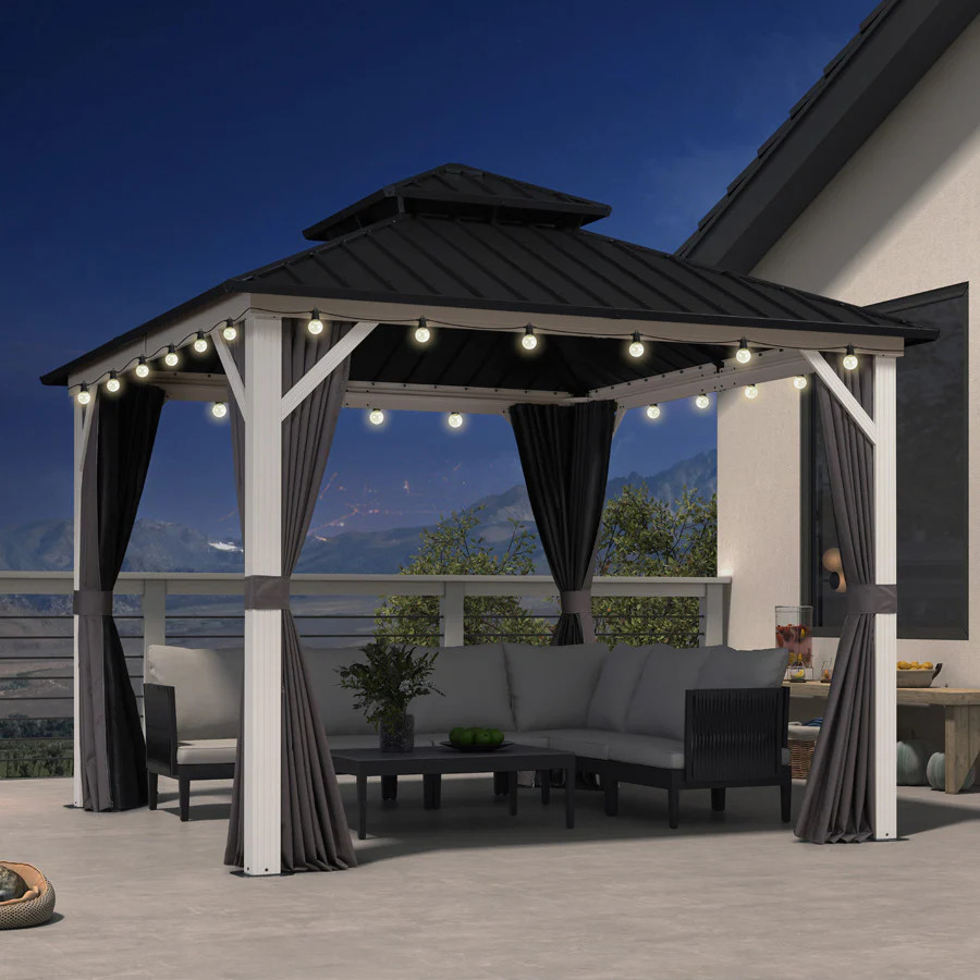 PURPLE LEAF Modern Gazebo Grey Hardtop Galvanized Steel Double Roof White Aluminum Poles with Cur... | Purple Leaf