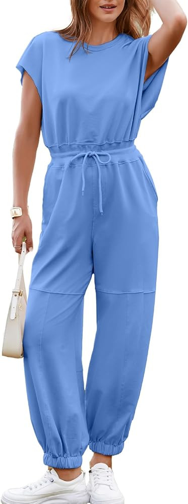 Simplee Women's Short Sleeve Casual Jumpsuit Loose Fit Open Back Summer Onesie Atheletic Jumpsuit... | Amazon (US)