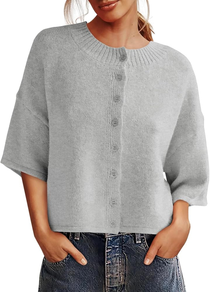 Saodimallsu Womens 3/4 Sleeve Cardigan Sweater Button Down Cropped Crewneck Cardigan 2025 Fall Ca... | Amazon (US)