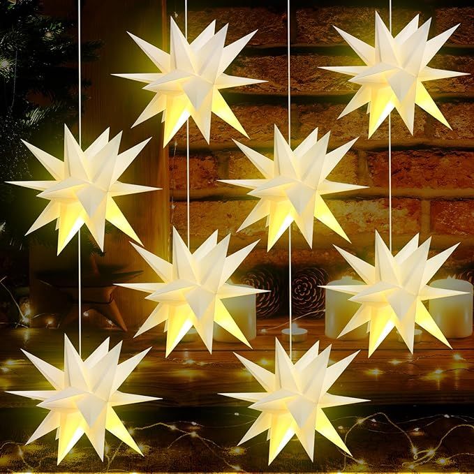Riakrum 8 Pcs Christmas Moravian Star Paper Lanterns with LED Lights 12 Inch 3D Paper Stars 18 Po... | Amazon (US)