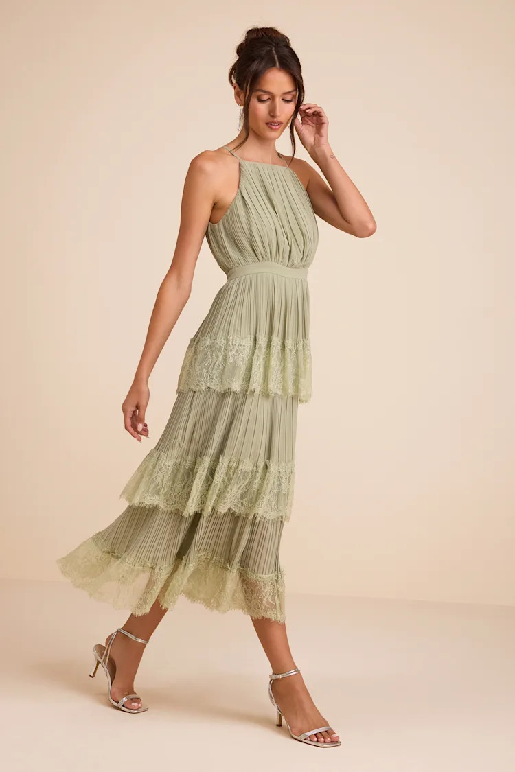 Came For Cocktails Sage Green Pleated Tiered Lace Maxi Dress | Lulus