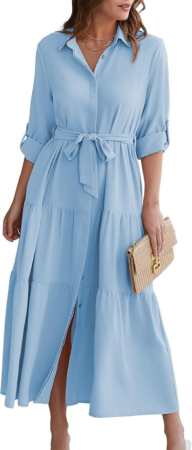 ECOWISH Women's Maxi Shirt Dress - 2026 Long Sleeve Button Casual Fall A-line Work Tiered Dresses... | Amazon (US)