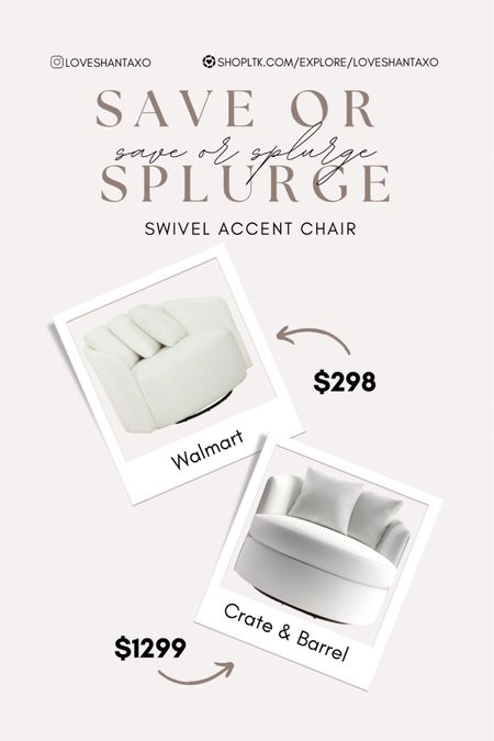 Save or splurge, swivel chair, accent chair, living room chairs, leather swivel chair, affordable home decor, dupe, dupe alert, modern home style, Amazon, world market, target, Wayfair, budget decor, swivel account chair, look for less, neutral home, neutral style, Walmart furniture, Walmart home decor

#ltkstyletip

#LTKunder50 #LTKhome #LTKFind