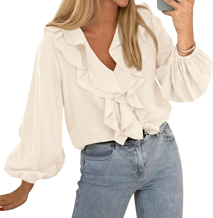 BTFBM Womens Fall Tops Ruffle Blouses Dressy Casual | Double Ruffled Collar V Neck Long Sleeve Sh... | Amazon (US)