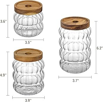 MyGift Deluxe Modern Wavy Ribbed Glass Kitchen Storage Jars with Solid Acacia Wood Lids – Set o... | Amazon (US)