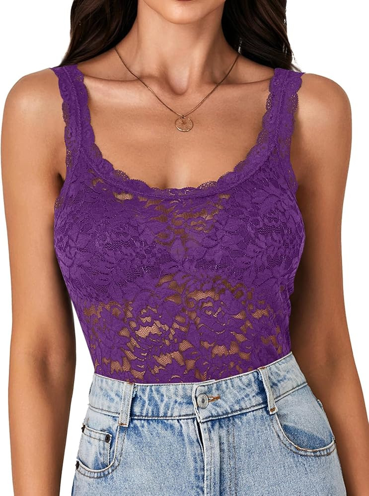 LYANER Women's Floral Lace Scallop Spaghetti Strap Sleeveless Sheer Tank Cami Top Blouse | Amazon (US)