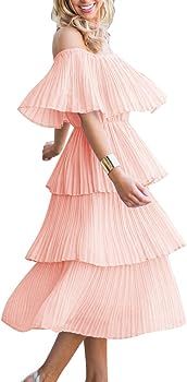 Women's Off The Shoulder Ruffles Summer Loose Casual Chiffon Long Party Beach Maxi Dress | Amazon (US)