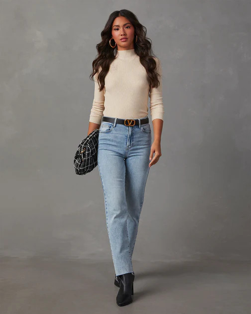 Naomi Ribbed Mock Neck Long Sleeve Top - Ecru | VICI