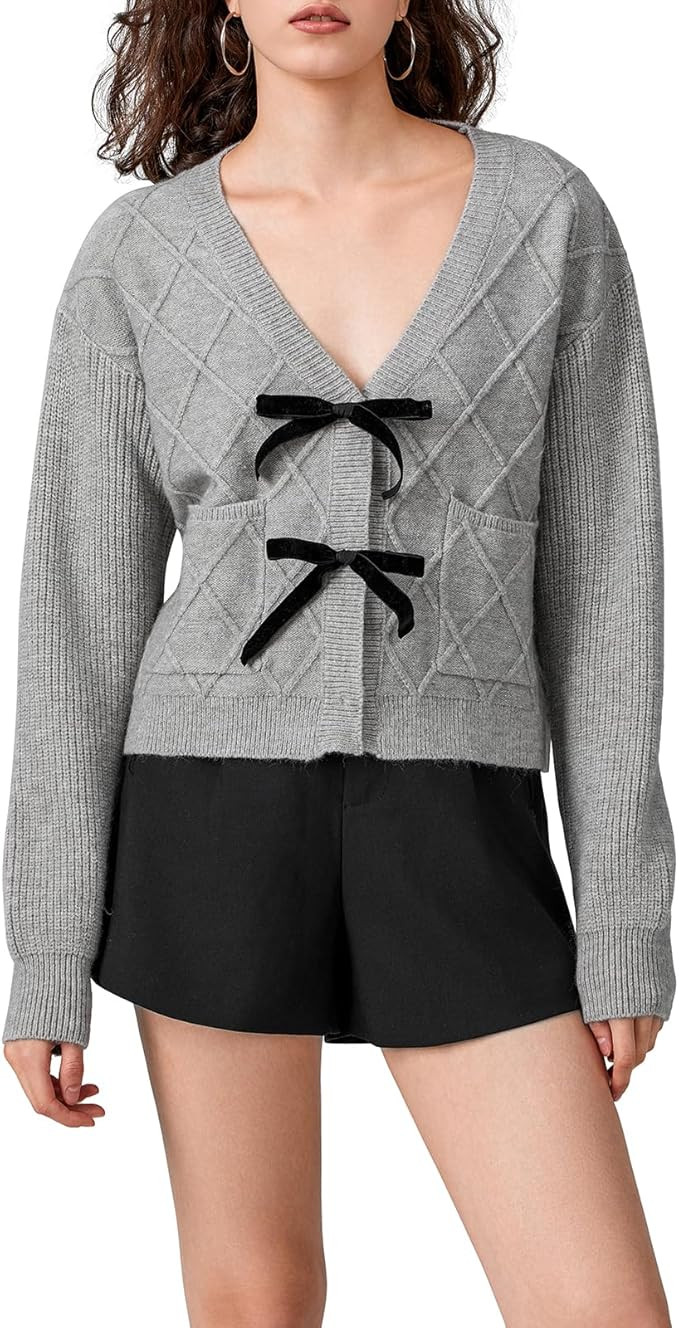 Women Tie Front Sweater Bow Cardigan Long Sleeve Crew Neck Lace Up Oversized Knitwear Trendy Croc... | Amazon (US)
