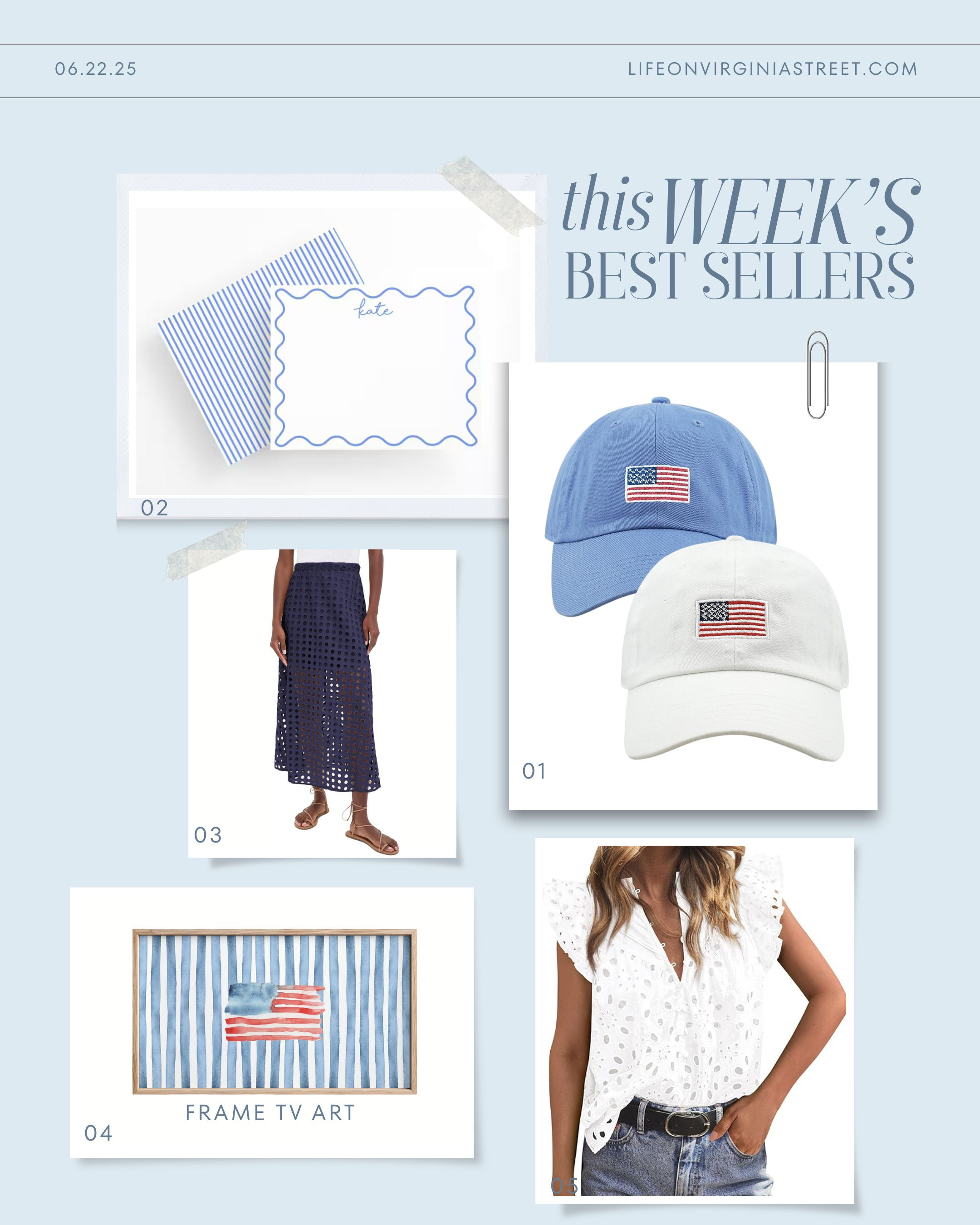 These week's bestsellers include these affordable American flag ballcaps, cute customizable note cards, a look for less eyelet skirt, American flag Frame TV art, and the cutest eyelet top that looks much more expensive than it actually is! #ltkseasonal #ltkfindsunder50 #ltkfindsunder100 #ltkstyletip #ltksalealert #ltkparties #ltkworkwear #ltktravel #ltkover40 #ltkmidsize 

 

#LTKSeasonal #LTKSaleAlert #LTKFindsUnder50