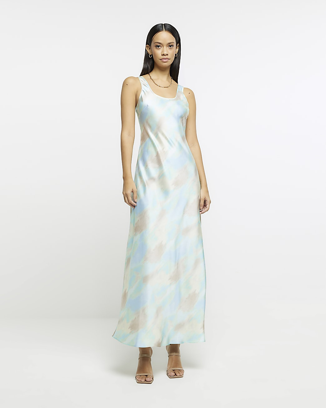 Blue satin watercolour slip maxi dress | River Island (UK & IE)