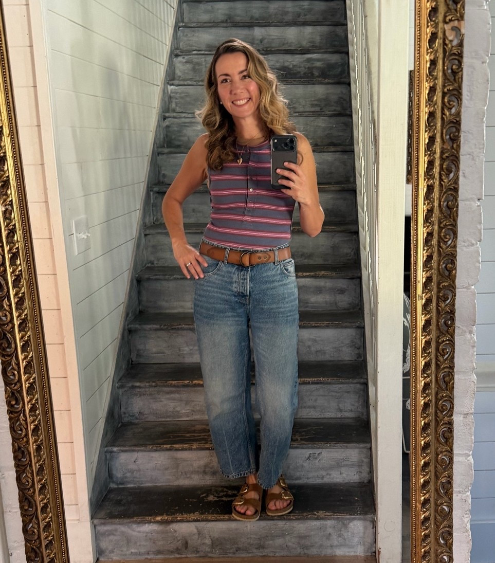 This striped tank top brings me back to the 80’s and I’m loving it!  Also I love comfy jeans and these jeans hit all the comfort and cute marks. The belt is Banana Republic but we bought it from the bins and my shoes are my got to Birkenstocks with a back strap. Birks have been my summer shoes for years and they are comfy and cute. I’m always a fan of the big buckle.

#LTKmomlife #LTKootd #LTKOver40