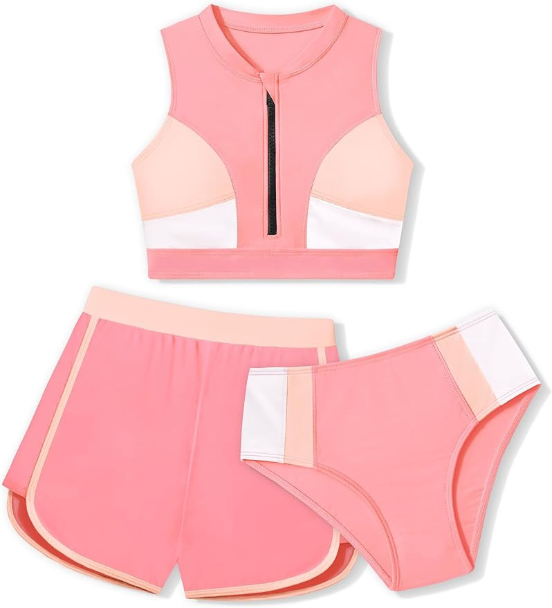 Girls Swimsuit 3 Piece Color Block Zipper Front Bathing Suit Bikini Set with Shorts Sporty Girls'... | Amazon (US)
