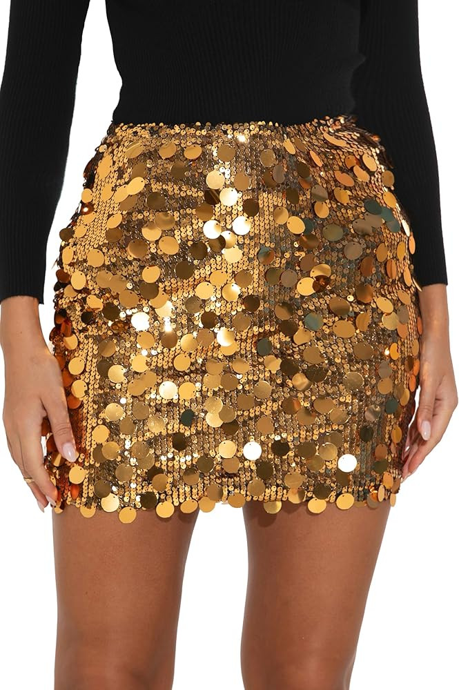 Sequin Skirt for Women-Stretchy Bodycon Night Out Party Shine Sparkly Mini Skirts | Amazon (US)