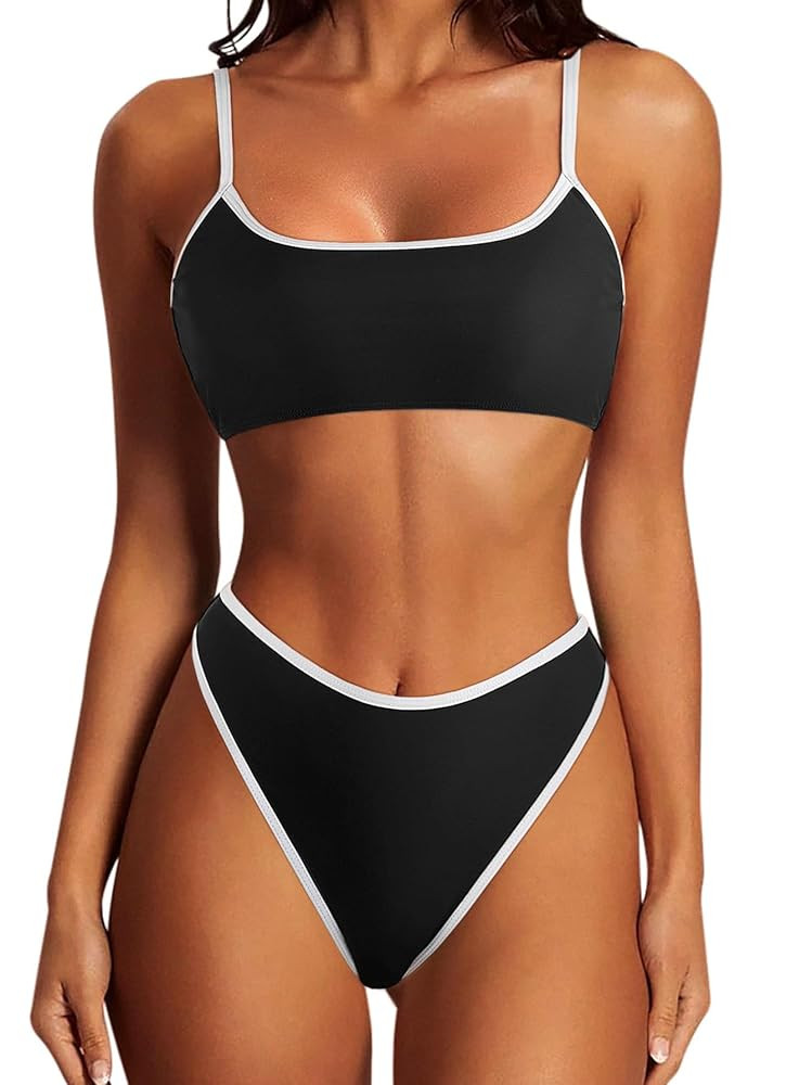 SUUKSESS Women High Waisted 2 Piece Bikini Set Cheeky High Cut Bandeau Swimsuit | Amazon (US)