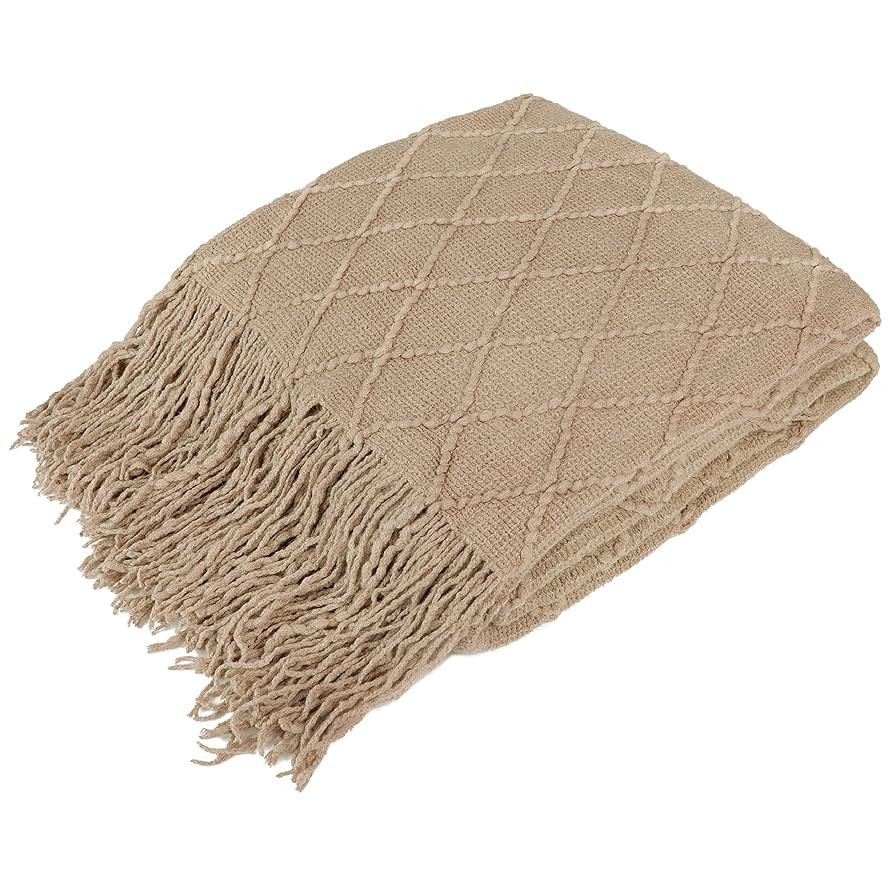PAVILIA Tan Taupe Knit Throw Blanket for Couch Bed, Soft Knitted Farmhouse Sofa Throw for Living ... | Amazon (US)