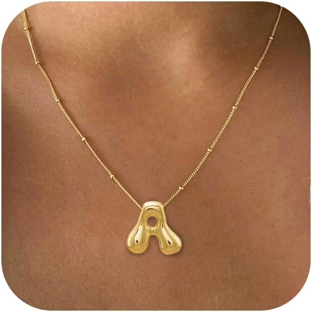 Gold Bubble Letter Necklace for Women Dainty 14K Gold Plated Balloon Initial Necklaces for Women ... | Amazon (US)