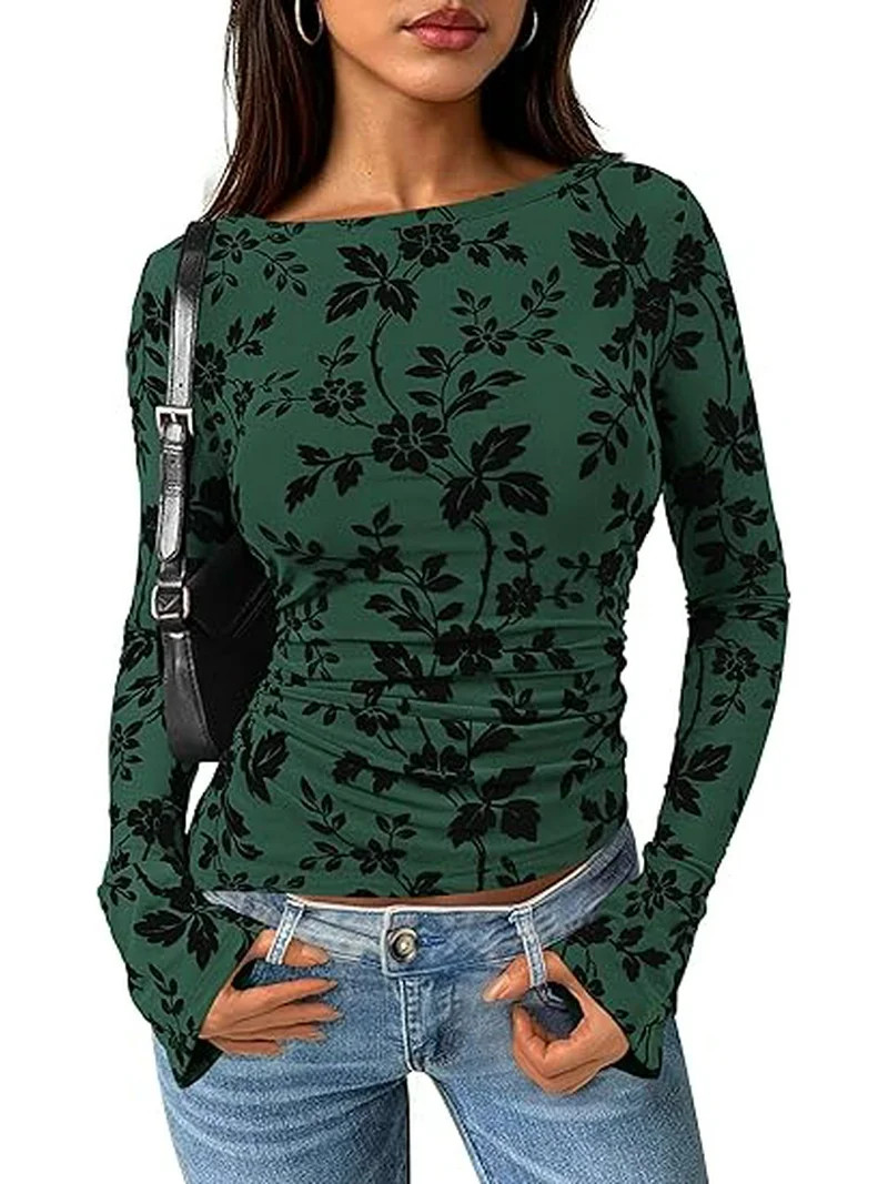 PRETTYGARDEN Women Long Sleeve Floral Mesh Tops Blouse Fall Trendy Boat Neck Ruched Fitted Shirt ... | Walmart (US)