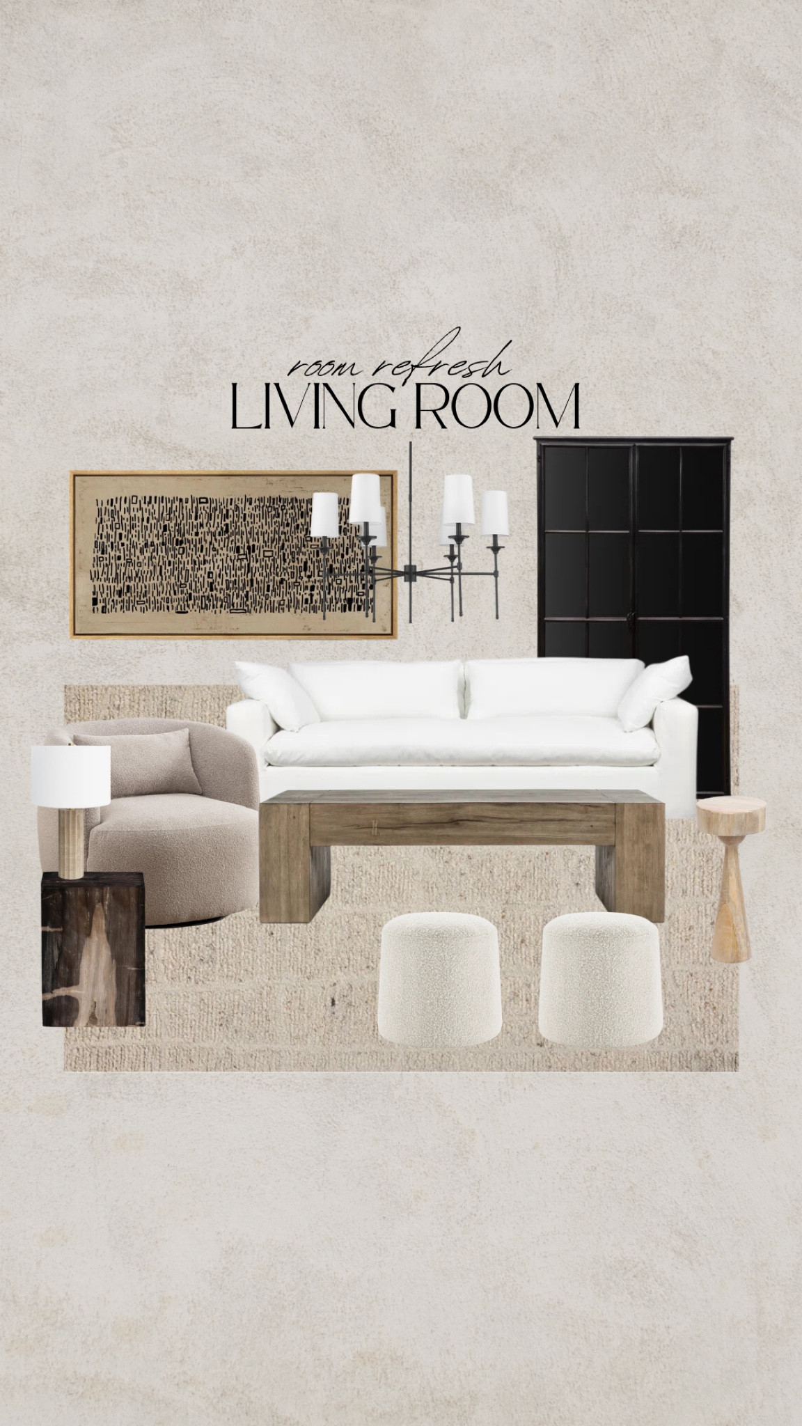 Living room refresh. Wayfair, black cabinet, white slipcover sofa, linen sofa, beam coffee table, boucle ottoman, stone lamp, travertine lamp, wood end table, abstract wall art, black chandelier, taupe accent chair, swivel chair, barrell chair

#LTKHome #LTKSaleAlert #LTKSeasonal