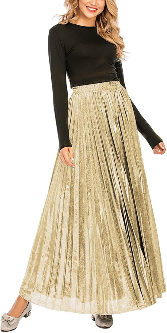 CHARTOU Women's Premium Metallic Shiny Shimmer Accordion Pleated Long Maxi Skirt | Amazon (US)