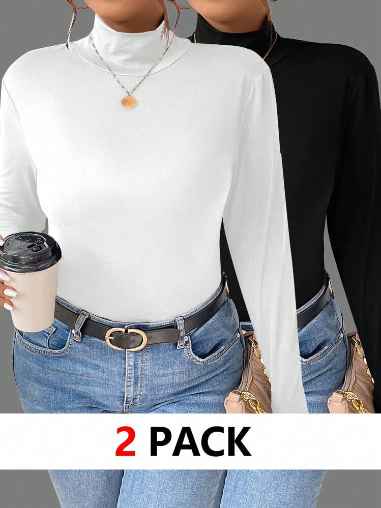 EMERY ROSE 2pcs/Set Casual & Simple Monochrome Plus Size Turtleneck T-Shirts, Spring & ,Summer | SHEIN