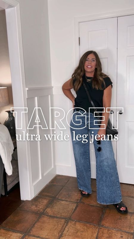 Target ultra wide leg jeans
Mid rise / TTS / wearing a size 6

Target sandals
Target extended shoulder tee 
Madewell tote- 25% off for insiders



#LTKover40 #LTKstyletip #LTKfindsunder50
