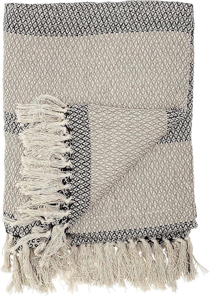 Bloomingville Grey Knit Fringe Grey & Grey Striped Cotton Blend Throw | Amazon (US)