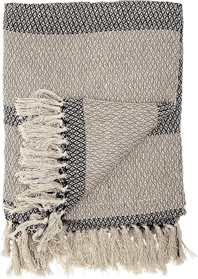 Bloomingville Grey Knit Fringe Grey & Grey Striped Cotton Blend Throw | Amazon (US)