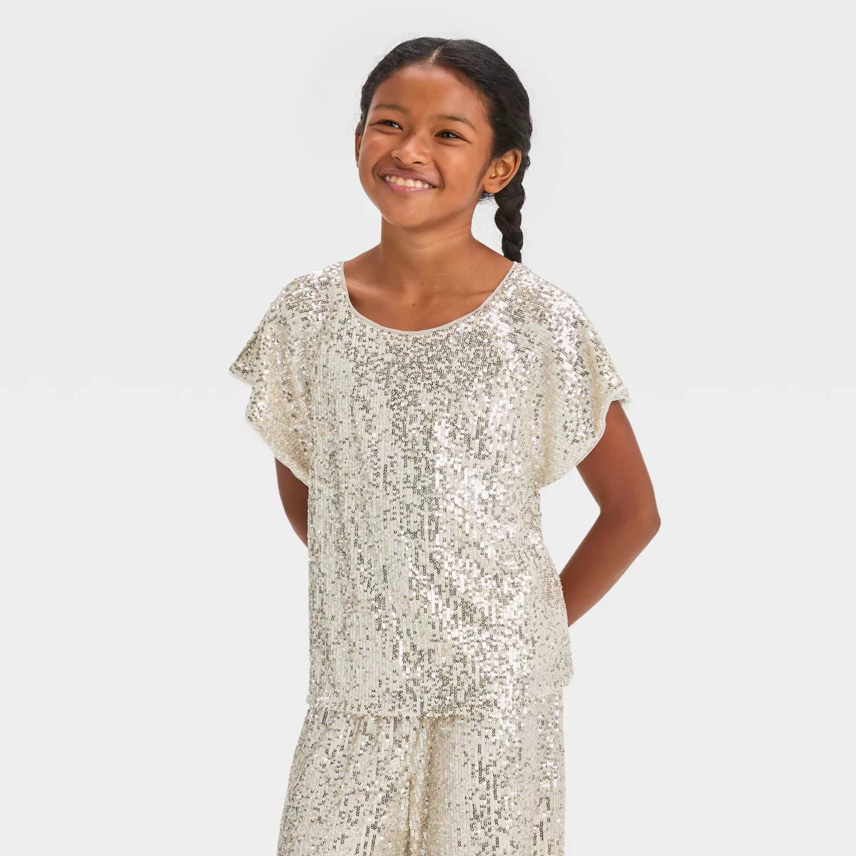 Girls' Short Sleeve Sequin Woven Shirt - Cat & Jack™ Silver | Target