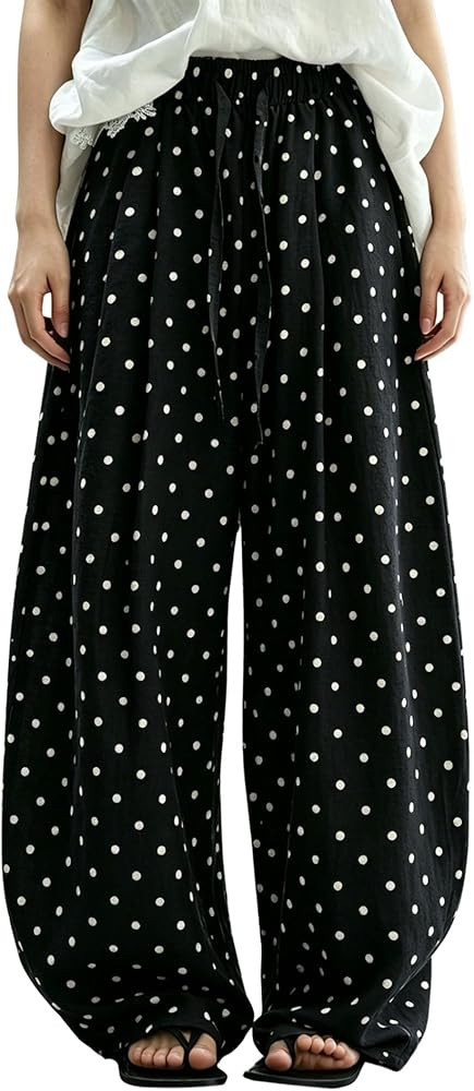 Women Polka Dot Barrel Pants Linen Blend Wide Leg Drawstring High Waist Casual Vacation Lounge Pa... | Amazon (US)