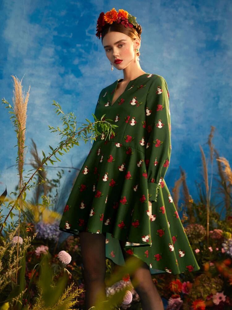 Frida Kahlo X SHEIN X Designer Figure & Floral Print Lantern Sleeve High Low Hem Dress | SHEIN