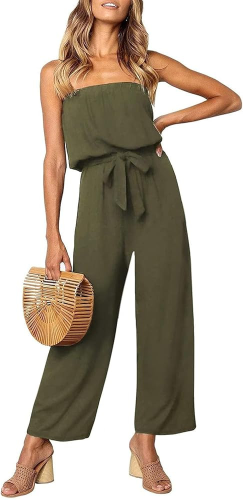 ZESICA Women's 2024 Casual Off Shoulder Solid Color Strapless Belted Wide Leg Jumpsuit Romper | Amazon (US)