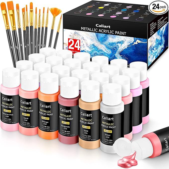 Caliart Metallic Acrylic Paint Set with 12 Brushes, 24 Colors (59ml, 2oz) Art Craft Paints for Ar... | Amazon (US)