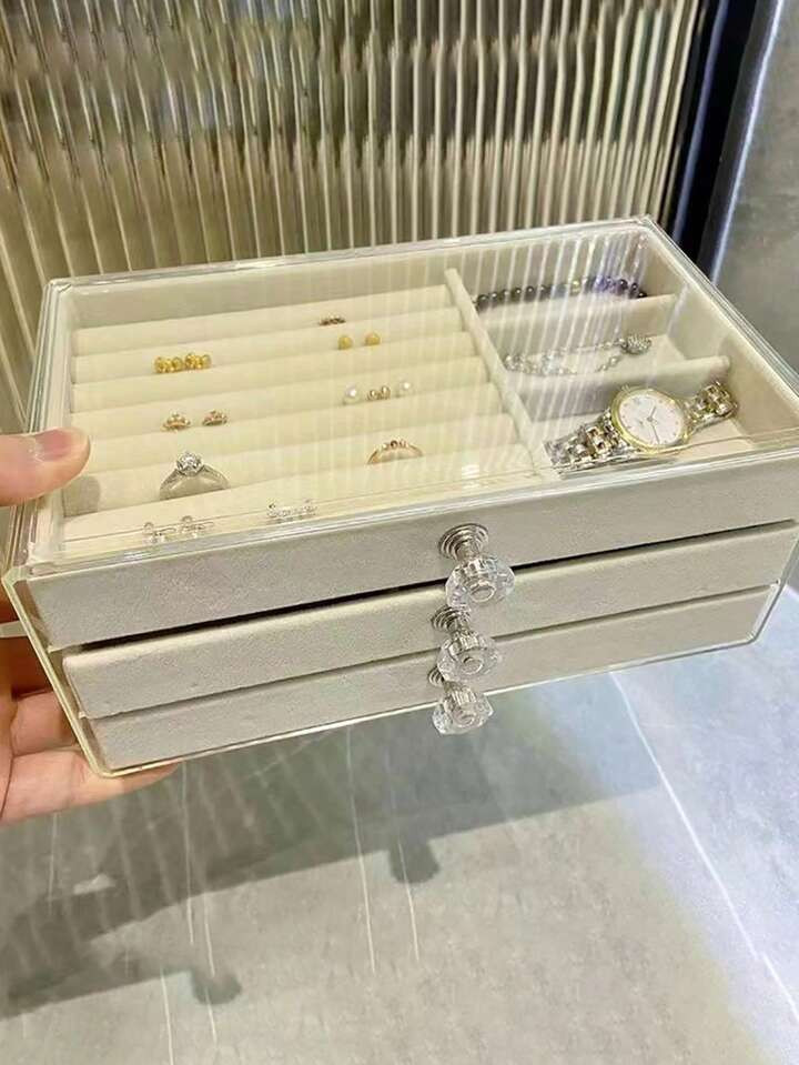 1pc Acrylic Velvet 3-Layer Drawer Jewelry Box To Store Earrings, Necklaces, Rings And Other Small... | SHEIN