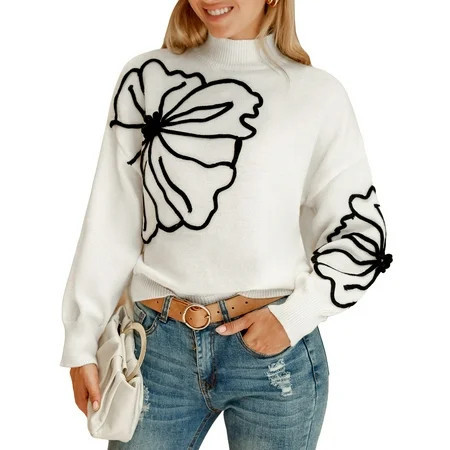 CUPSHE Women s Floral Embroidery Turtleneck Long Sleeve Sweater Sizes S-XL | Walmart (US)