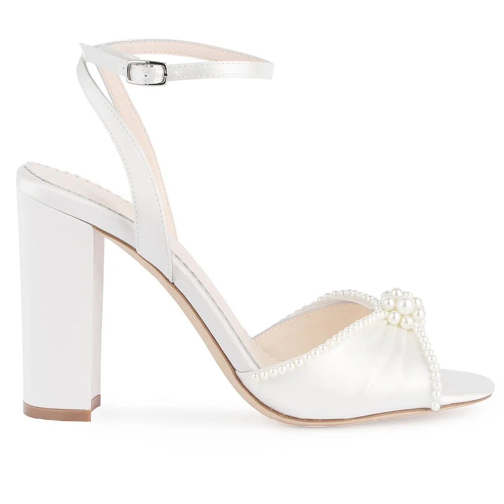 Open Toe Pearl Wedding Shoes Block Heel Sandals | Bella Belle Shoes