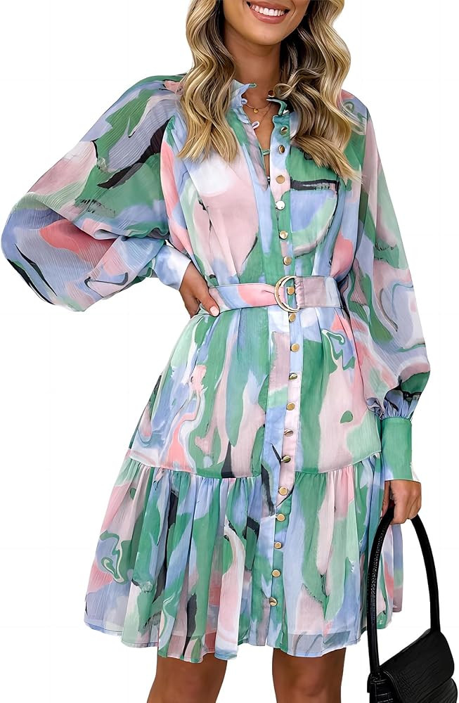 Ferlema Women's Floral Print Long Sleeve Collar V Neck Button Down Ruffle A Line Swing Mini Dress... | Amazon (US)