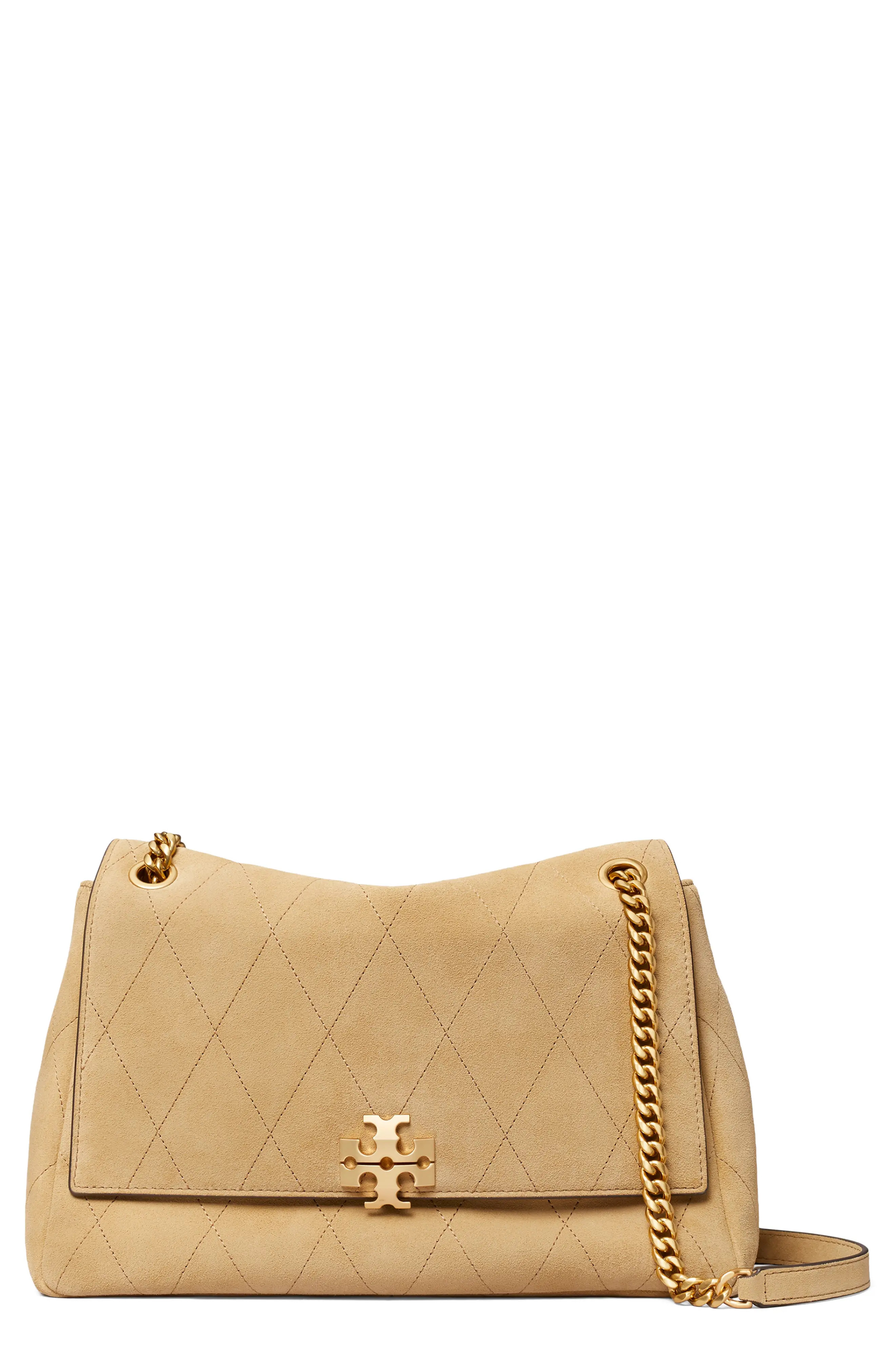 Tory Burch Charlie Quilted Suede Shoulder Bag in Stone at Nordstrom | Nordstrom