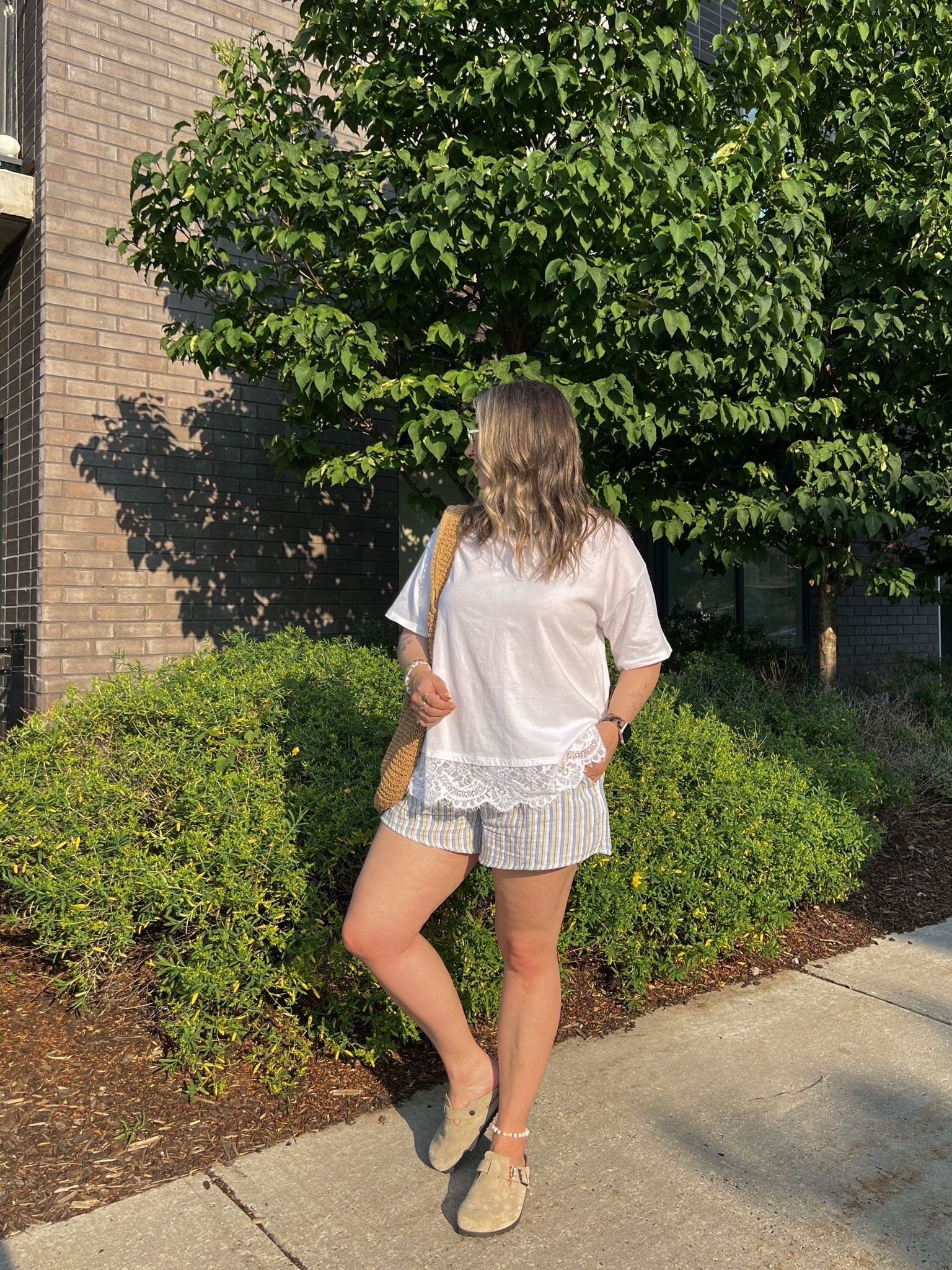 Comfy casual summer outfit! Wearing my usual size L in both the lace trim tee and striped shorts. Canadian Old Navy links are under “similar products”. I’m a 9.5-10 shoe and wear a 40 in the Birkenstock Boston clogs

#LTKsummer #LTKmidsize #LTKstyletip