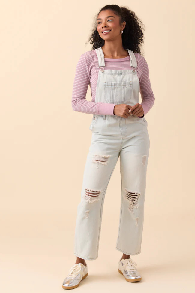 Brynn Light Wash Distressed Denim Overalls SALE | Pink Lily