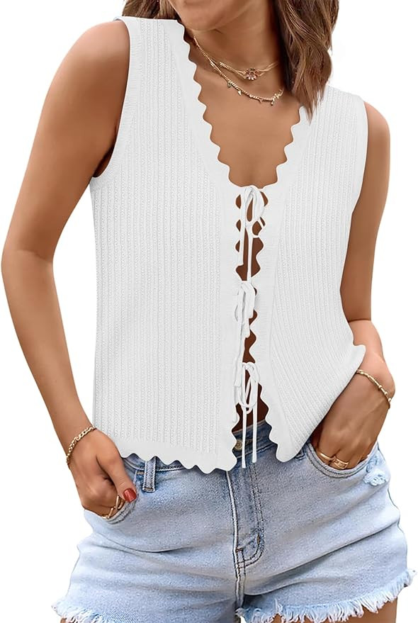 Womens Tie Front Tops Trendy 2025 Summer V Neck Sleeveless Sweater Vests Fashion Cute Crochet Kni... | Amazon (US)
