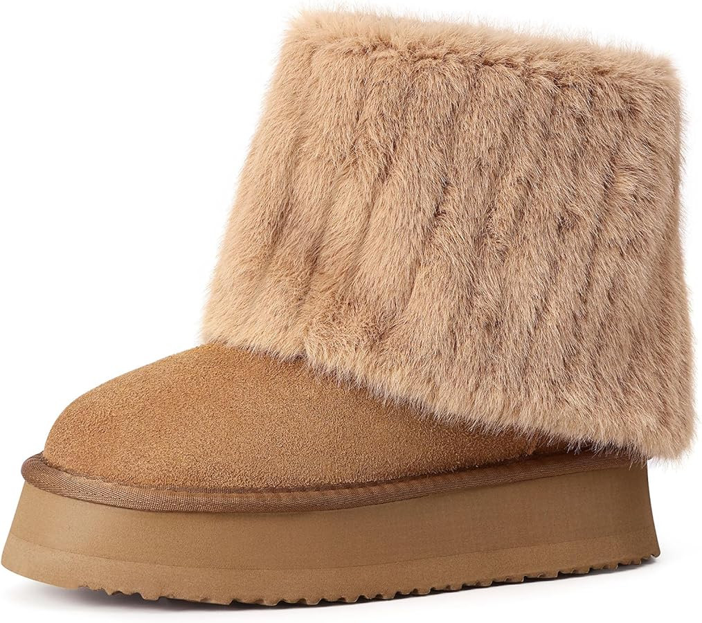 Pasuot Platform Fur Boots for Women - Genuine Cow Suede Platform Furry Faux Fur Boots, Fuzzy Flee... | Amazon (US)